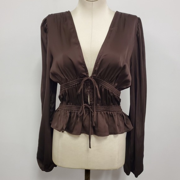 Wayf Tops - Wayf Womens Long Sleeve Tie Front Milkmaid Top Size S Brown Coquette Romantic